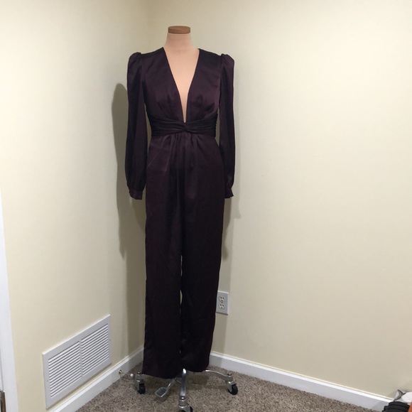 Ieena for Mac Duggal Plunge V-Neck Puff Long Sleeve Jumpsuit Size 8 Plum Purple - Picture 2 of 12